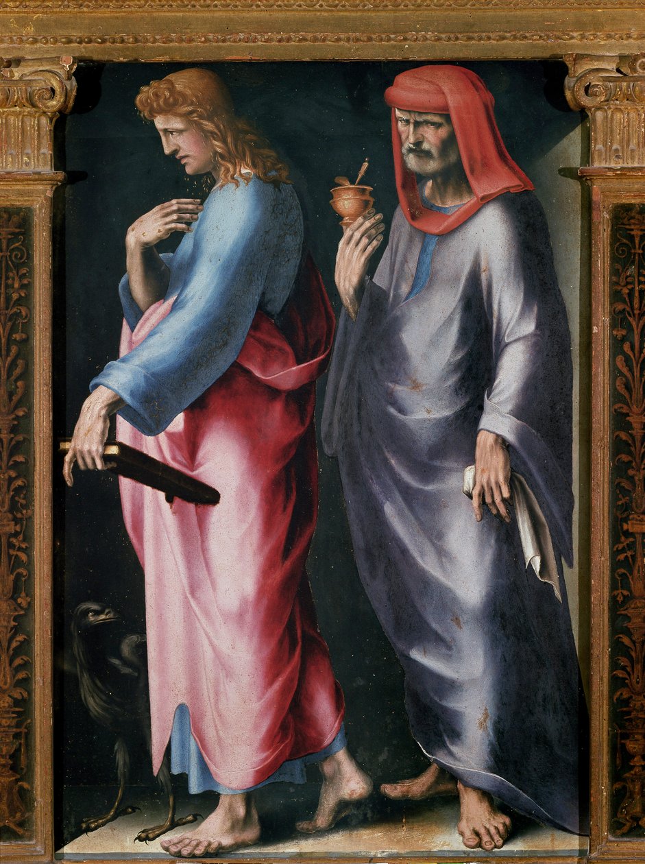 Üçlü Birlik Üçlemesi, Sağdaki detay paneli (Aziz John the Evangelist ve Saint Damien). Domenico Beccafumi