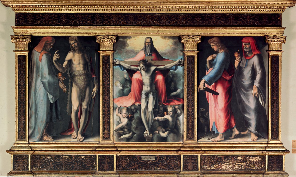 Üçlü Birlik Üçlüsü: Aziz Cosimo (Come or Cosimo), Vaftizci Aziz John, Trinity, Evangelist Aziz John ve Aziz Damien. Haç üzerine “” INRI”” yerleştirme. Domenico Beccafumi