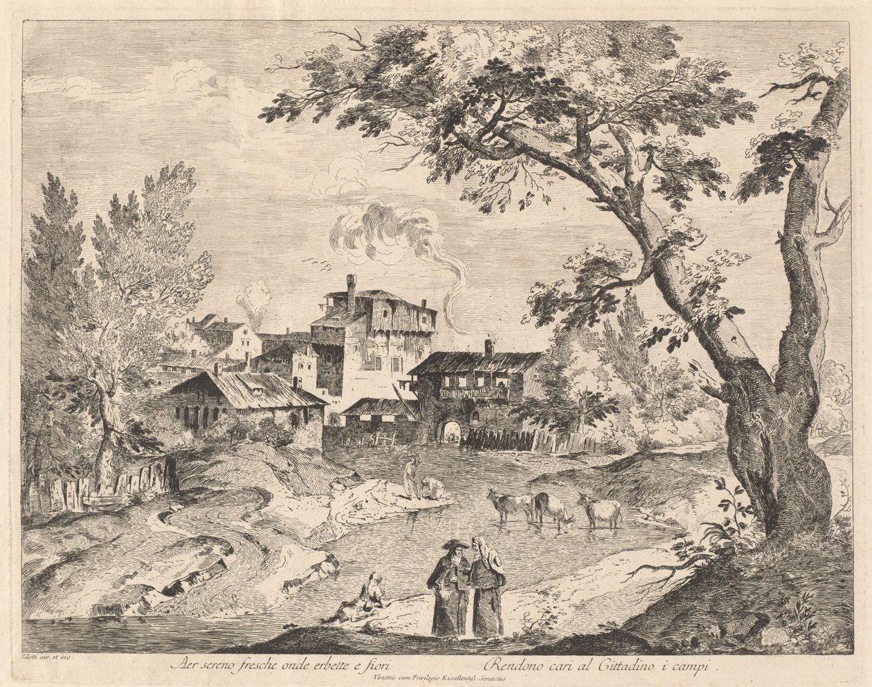 Gezginlerle Nehir Boyunca Rustik Köy by Domenico Bernardo Zilotti