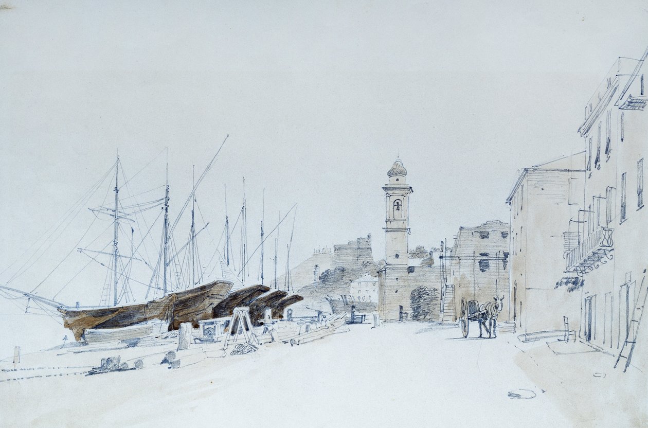 View of Weapons at Taggia, ca 1860, yazan Pasquale Domenico Cambiaso (1811-1894), İtalya Karakalem ve sulu boya. by Domenico Cambiaso