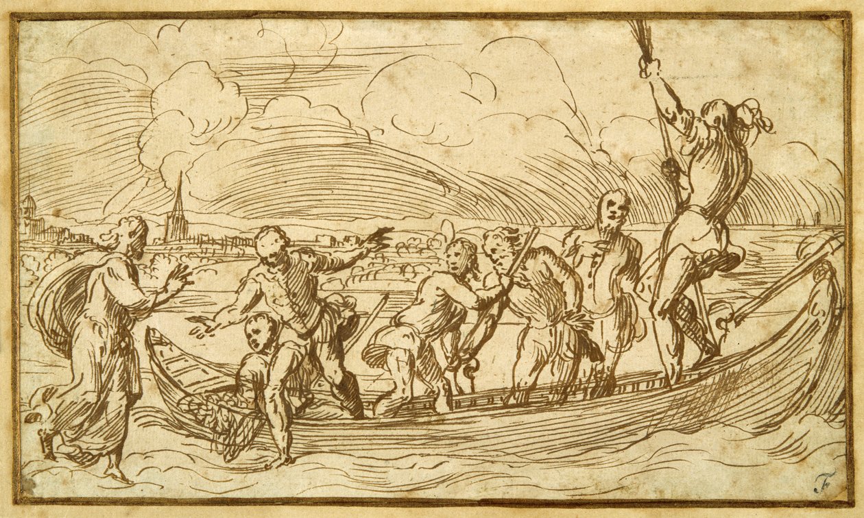 İsa ve Aziz Petrus su üzerinde yürüyor (kalem ve kağıt üzerinde kahverengi mürekkep) by Domenico Campagnola