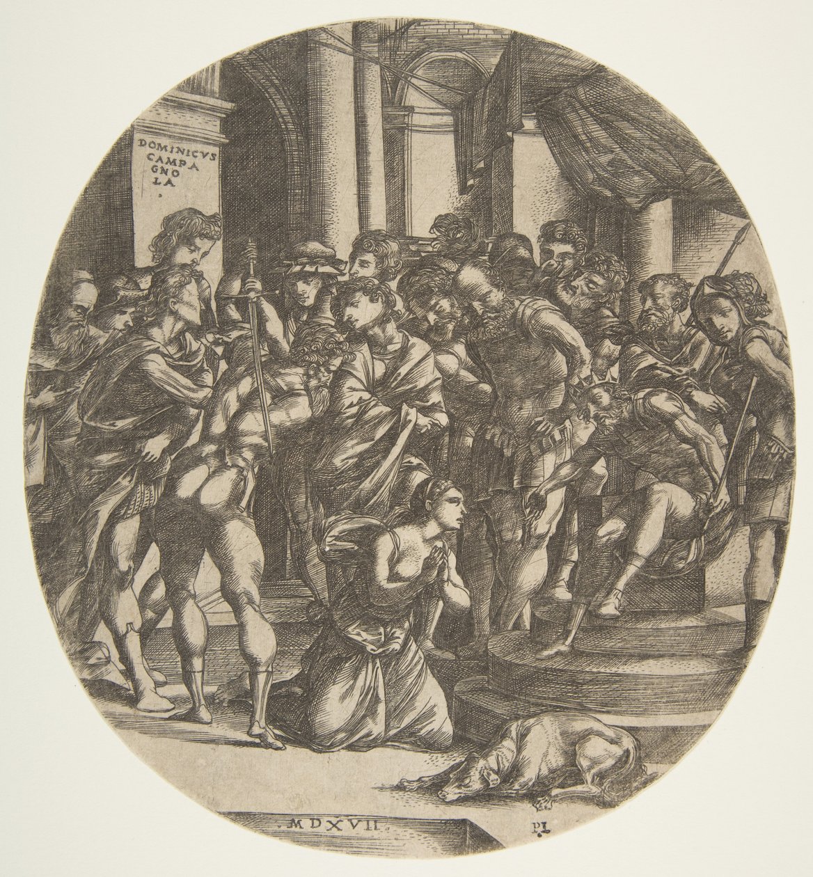 Kadın figürü Saint Catherine ortada diz çökmüş bir erkek figürüne yalvarıyor..., 1517. by Domenico Campagnola