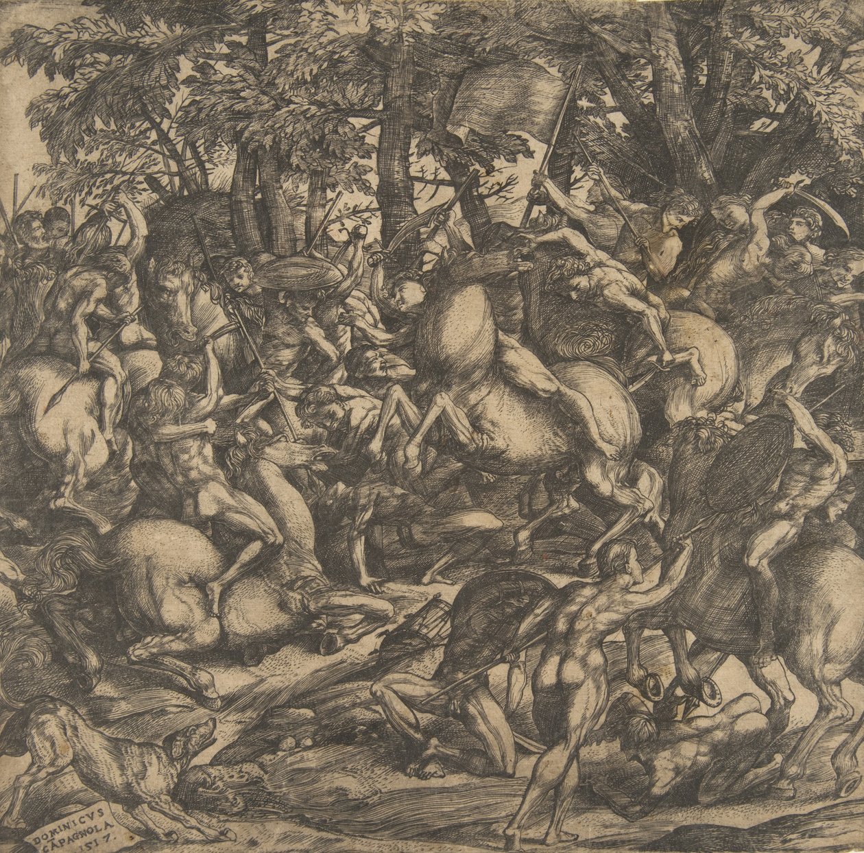 Ormanlık bir alanda savaşan çıplak bir grup adam, bazıları at sırtında, lo..., 1517