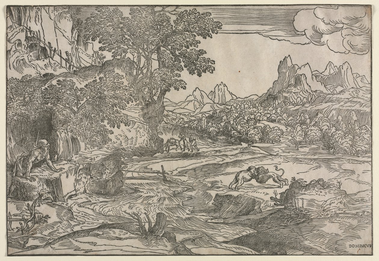 Aziz Jerome ve İki Aslan ile Manzara by Domenico Campagnola