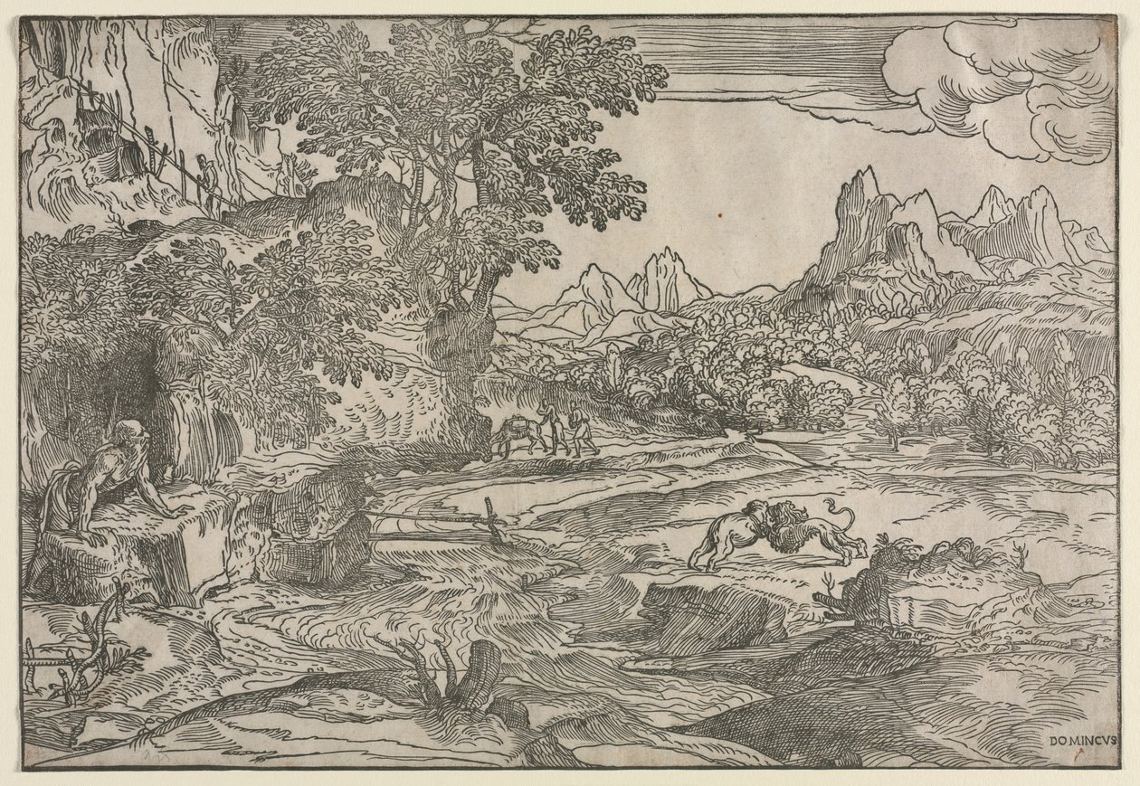 Aziz Jerome ve İki Aslan ile Manzara, c. 1530-35. by Domenico Campagnola