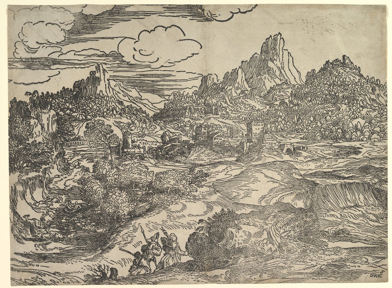 Ön planda birlikte yürüyen aile ile manzara, soldaki iki figür ..., ca. 1535-40. by Domenico Campagnola