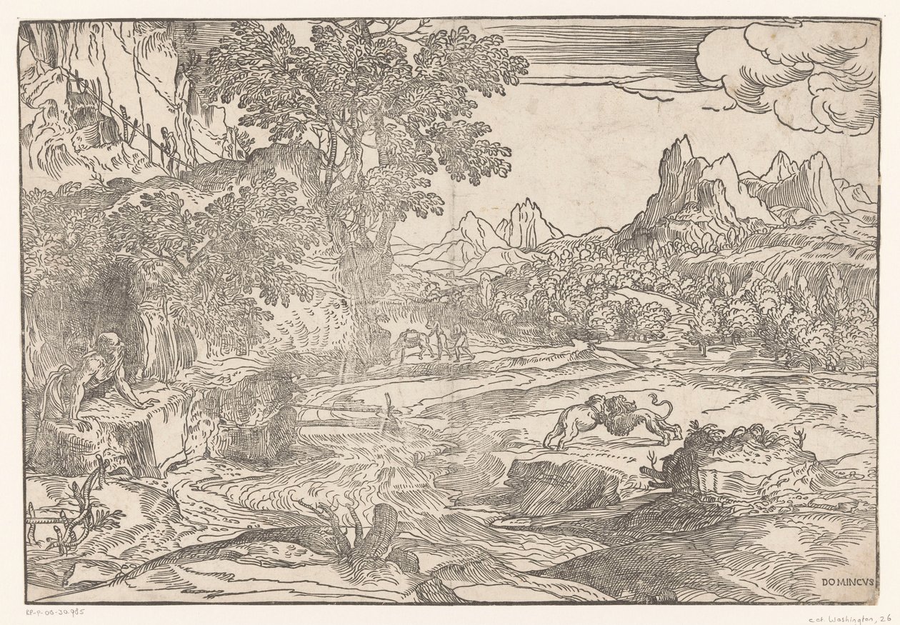 Hieronymus ve iki aslan ile manzara by Domenico Campagnola