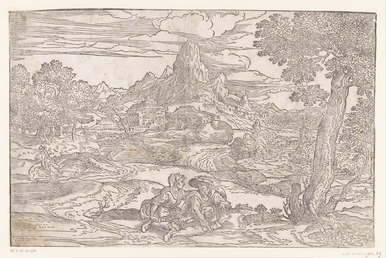 Hurdy-gurdy ile bir çift ile manzara by Domenico Campagnola