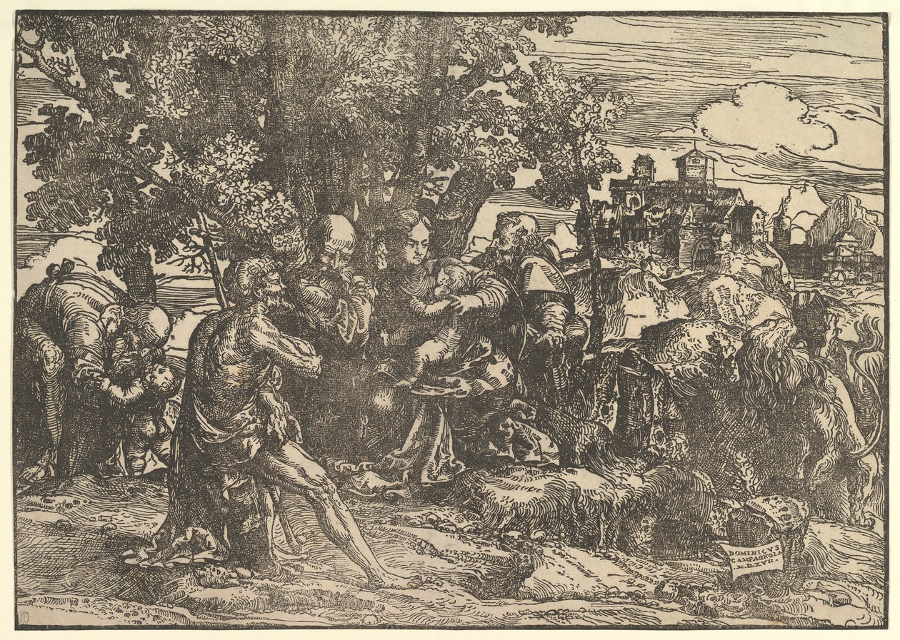 Mary ağaçların altında bebeğiyle oturuyor, iki yanında solda Yusuf ve sağda Aziz Jerome, Aziz..., 1517. by Domenico Campagnola