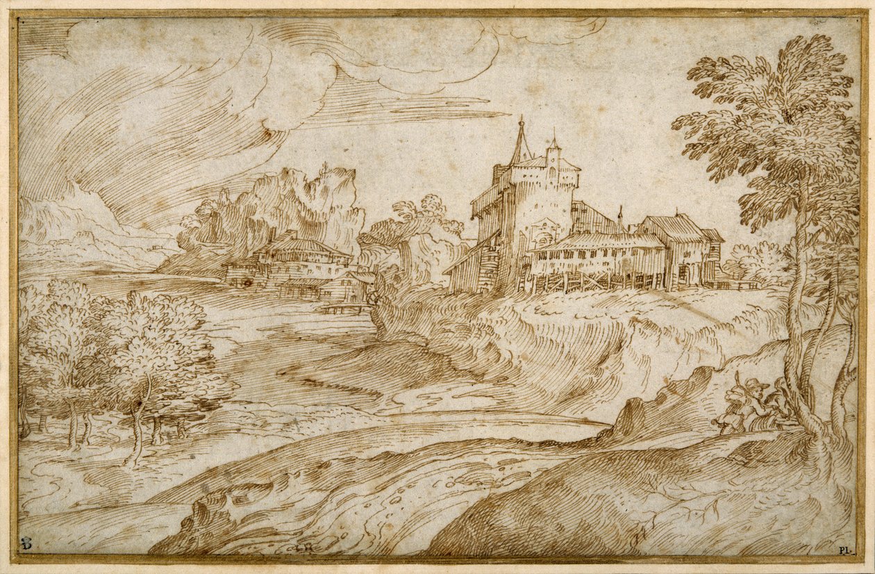 Bir nehir kenarında bir castello ve diğer binalar ile dağlık manzara; bir kadını acele ettiren bir adam, sağda, c.1540 (beyaz kağıt üzerine kalem ve kahverengi mürekkep) by Domenico Campagnola