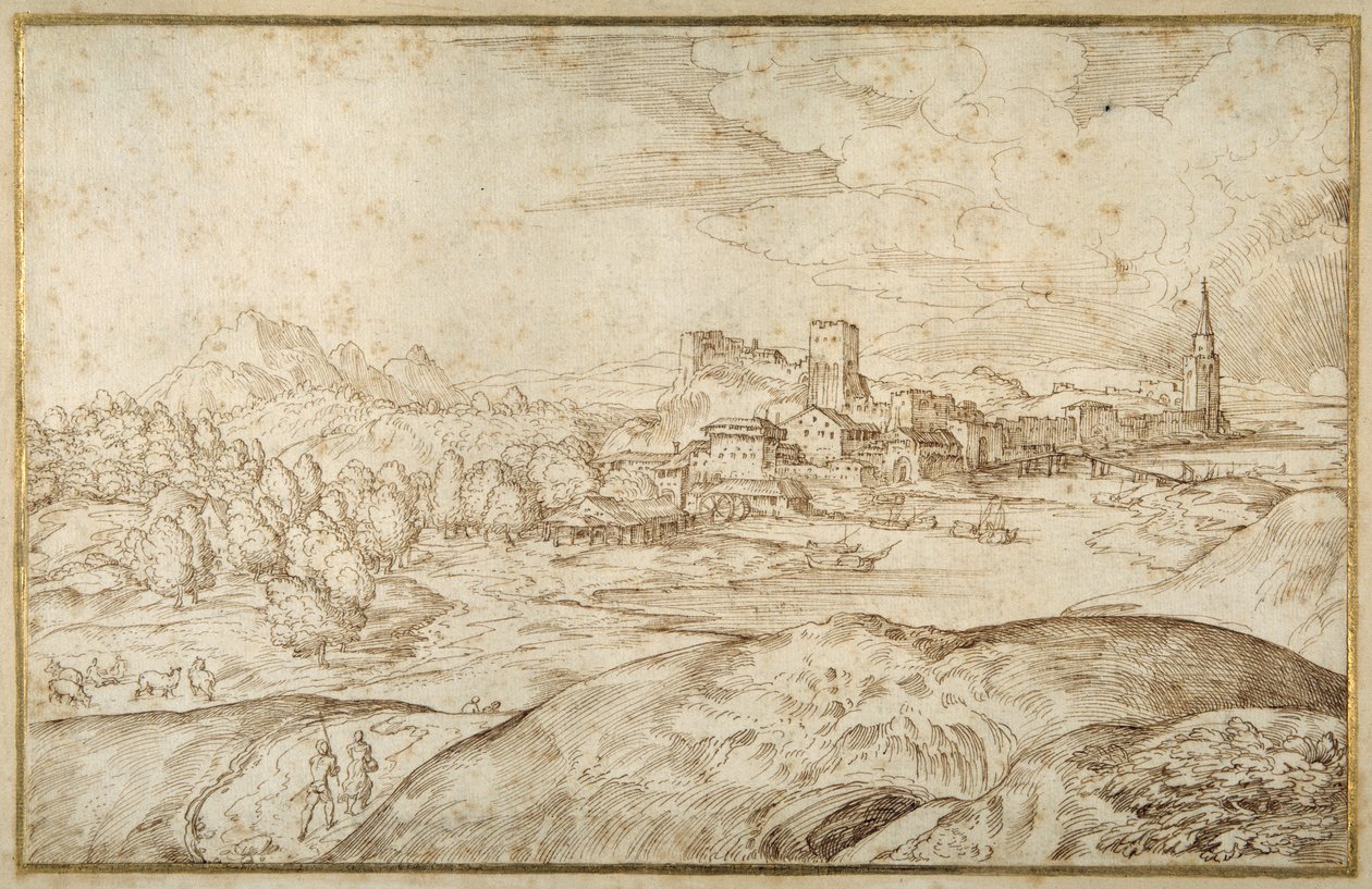 Nehirli dağlık manzara ve sivri kuleli müstahkem bir kasaba (beyaz kağıt üzerine kalem ve kahverengi mürekkep) by Domenico Campagnola
