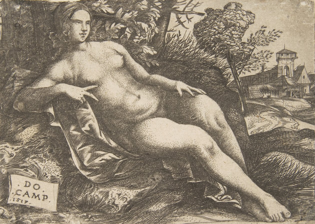 Çıplak kadın Venüs bir manzarada uzanıyor, 1517. by Domenico Campagnola