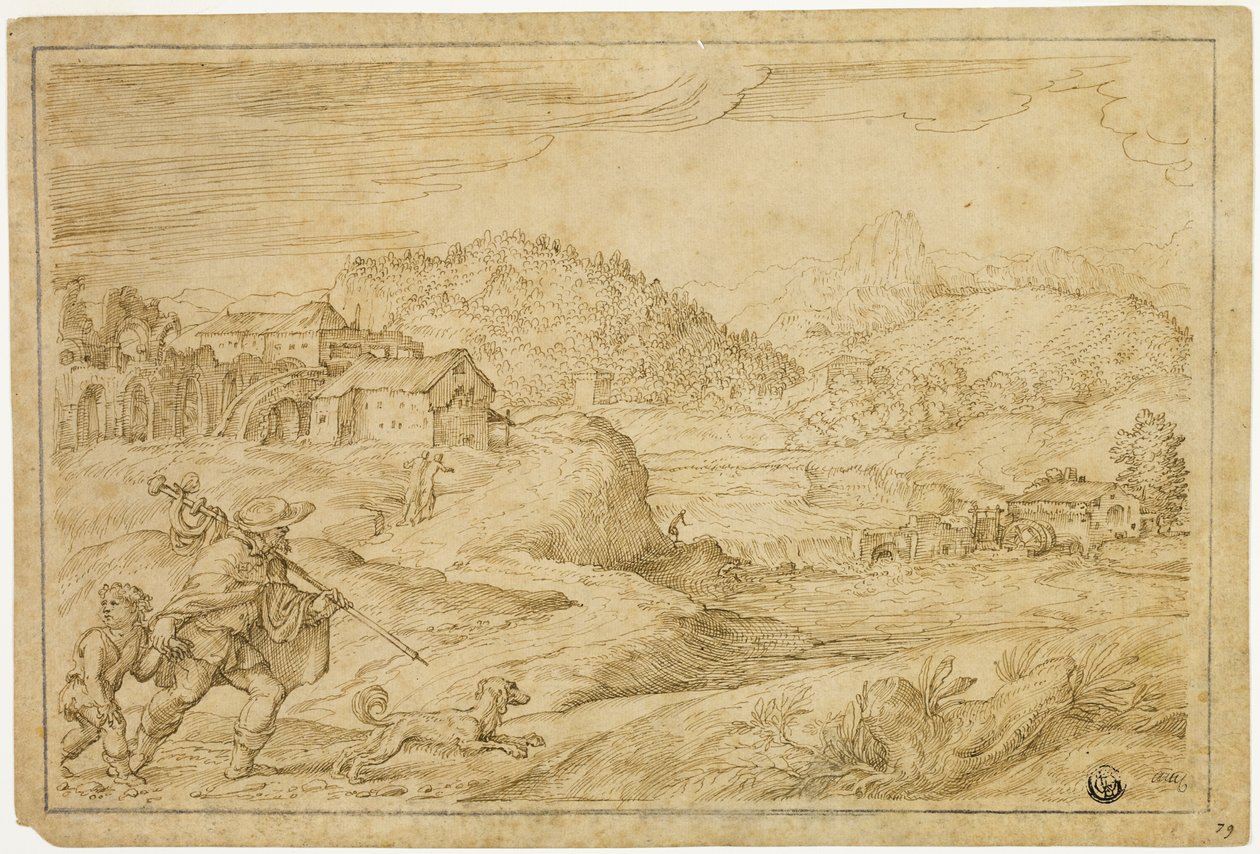 Saint Roch ve Köpekle Seyahat Eden Bir Çocuk ile Nehir Manzarası by Domenico Campagnola