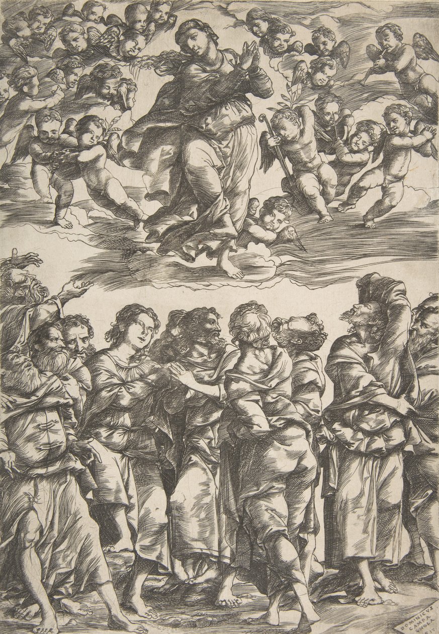 Bakire, bulutların ortasında, elleri birbirine kenetlenmiş ve sağ ayağı kaldırılmış, çevrelenmiş..., 1517. by Domenico Campagnola