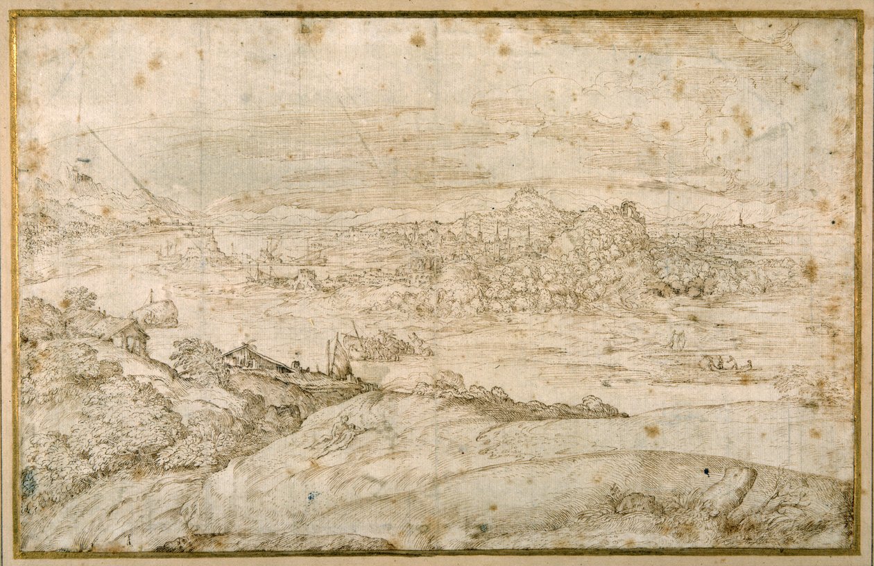 Sarma bir nehir ile ormanlık manzara; uzakta bir şehir, antik kalıntılarla birlikte kuleler ve kubbeler karışımı (beyaz kağıt üzerine kalem ve kahverengi mürekkep) by Domenico Campagnola