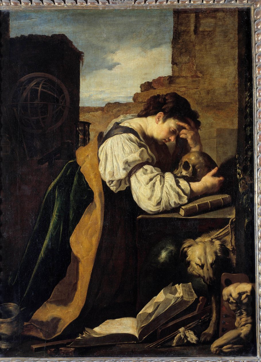 Melankoli Üzgün genç bir kadın bir kafatasının başının üzerine eğiliyor, arkasında bir zırhlı küre. Domenico Feti (1589-1624) tarafından Tablo (Kibir) Güneş. 1,71x1,28 m. by Domenico Feti