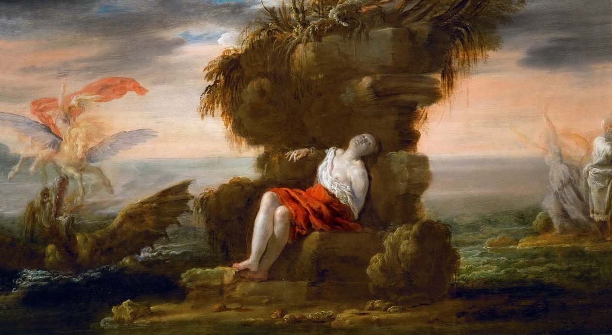 Barok : Persee liberant Andromede - Perseus Freeing Andromeda par Fetti, Domenico (1588/90-1623), c. 1621. Ahşap üzeri yağlı boya, 40,5x72,5. Sanat Tarihi Müzesi, Viyana by Domenico Fetti or Feti
