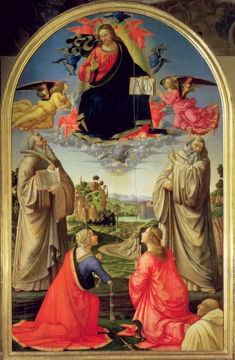 Christ in Glory with St. Benedict (c.480-547), St. Romuald (c.952-1027), St. Attinia, St. Grecinia ve donör, başrahip Buonvicini, 1492 (panel) (ayrıntılar için bkz. 85138) by Domenico Ghirlandaio