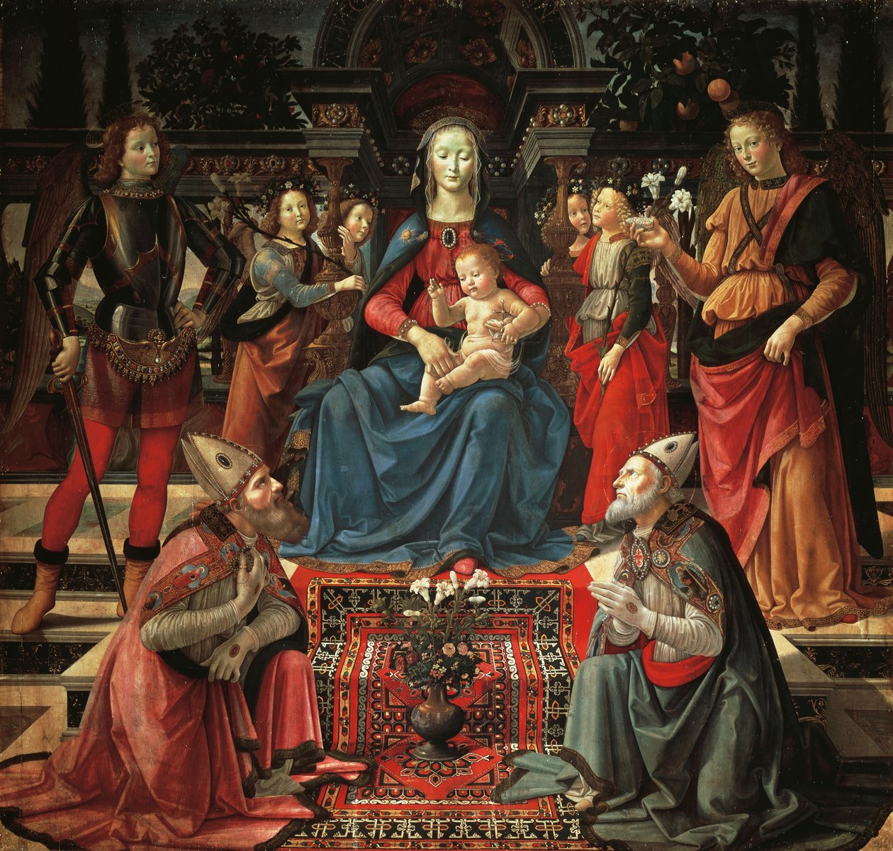 Madonna ve Tahtta Çocuk, St Zenobius, St Just, Başmelek Aziz Mikail ve Başmelek Aziz Raphael, yaklaşık 1483, Domenico Ghirlandaio (1449-1494), ahşap üzerine tempera by Domenico Ghirlandaio
