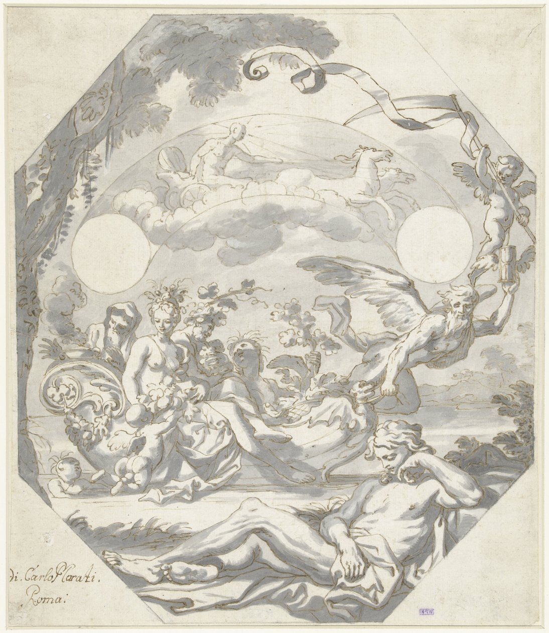 Mitolojik bir alegori içeren bir kadran tasarımı by Domenico I Piola (attributed to)