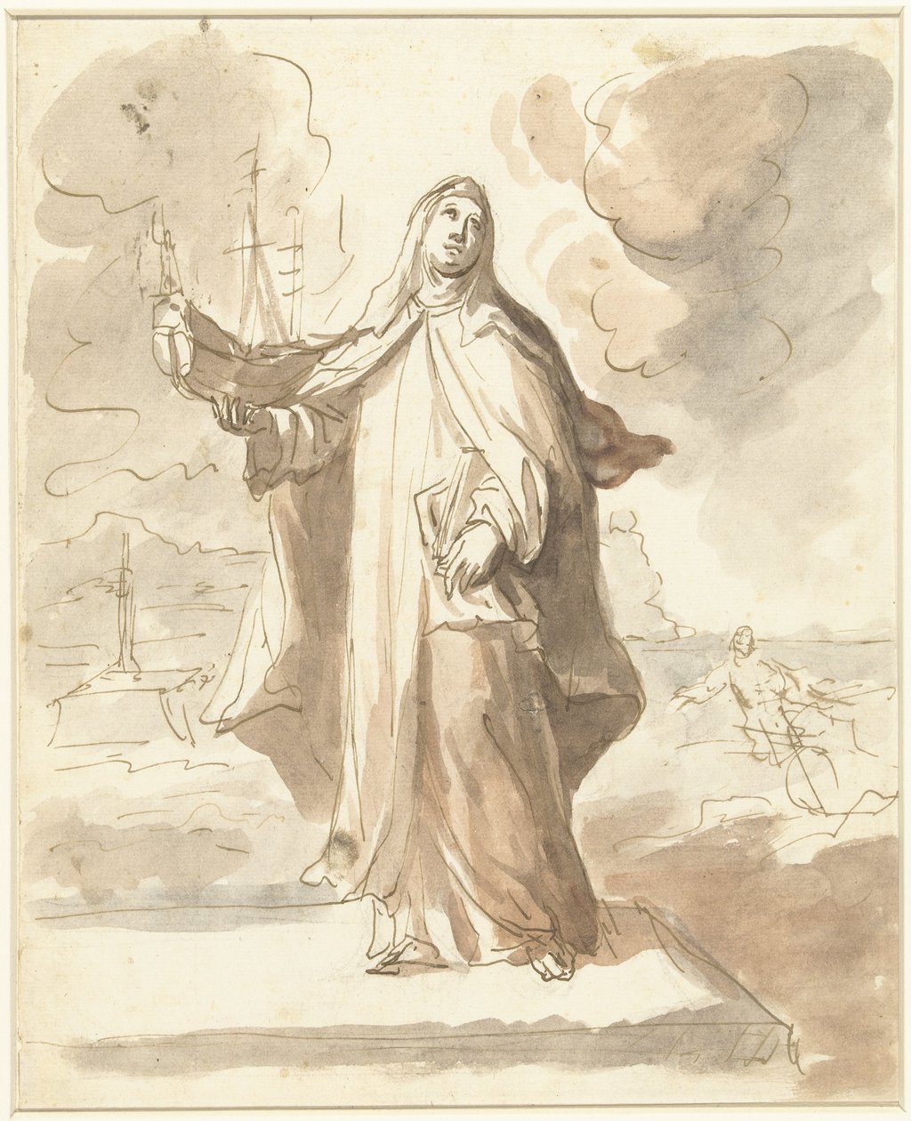 Saint Brigitta, sağ elinde gemiyle ayakta by Domenico Mondo