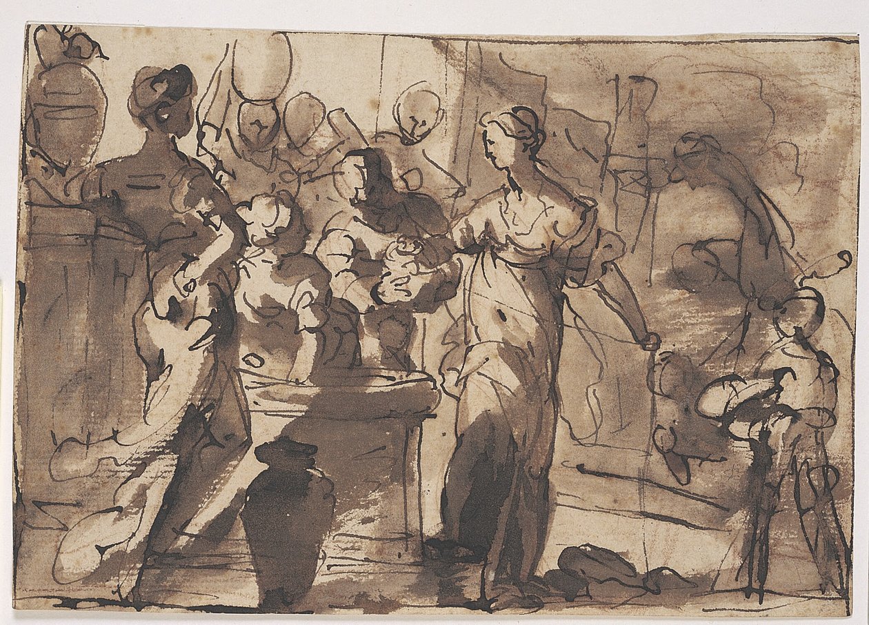 Nahor kentindeki kuyuda Eliezer ve Rebecca by Domenico Piola