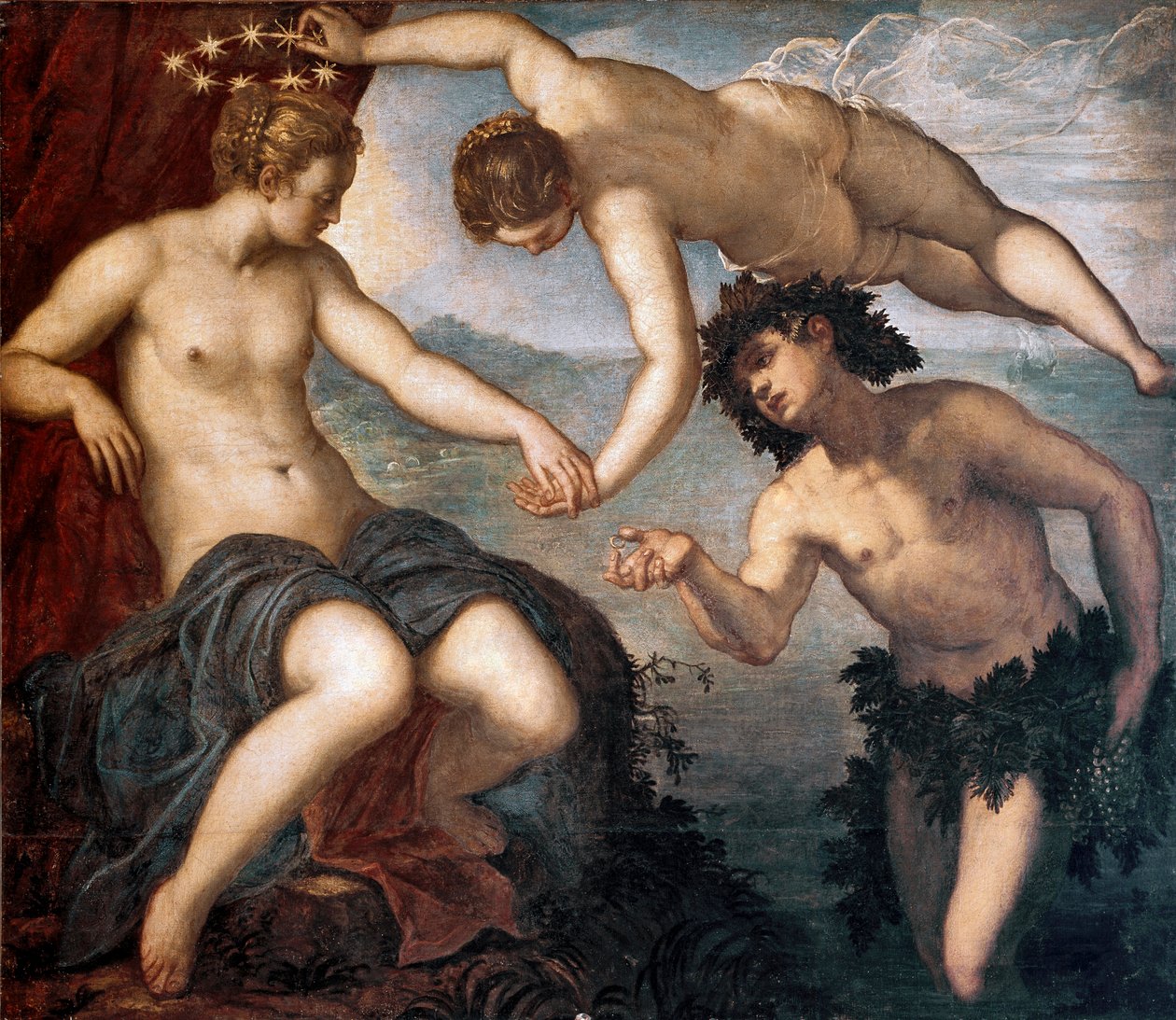 Bacchus, Venüs ve Ariane Boyama Tintoretto veya Tintoret (Jacopo Robusti) (1518-1594) 1577-1580 Güneş. 146x167 cm Çini antik kolej, Doge Sarayı, Venedik by Domenico Robusti Tintoretto
