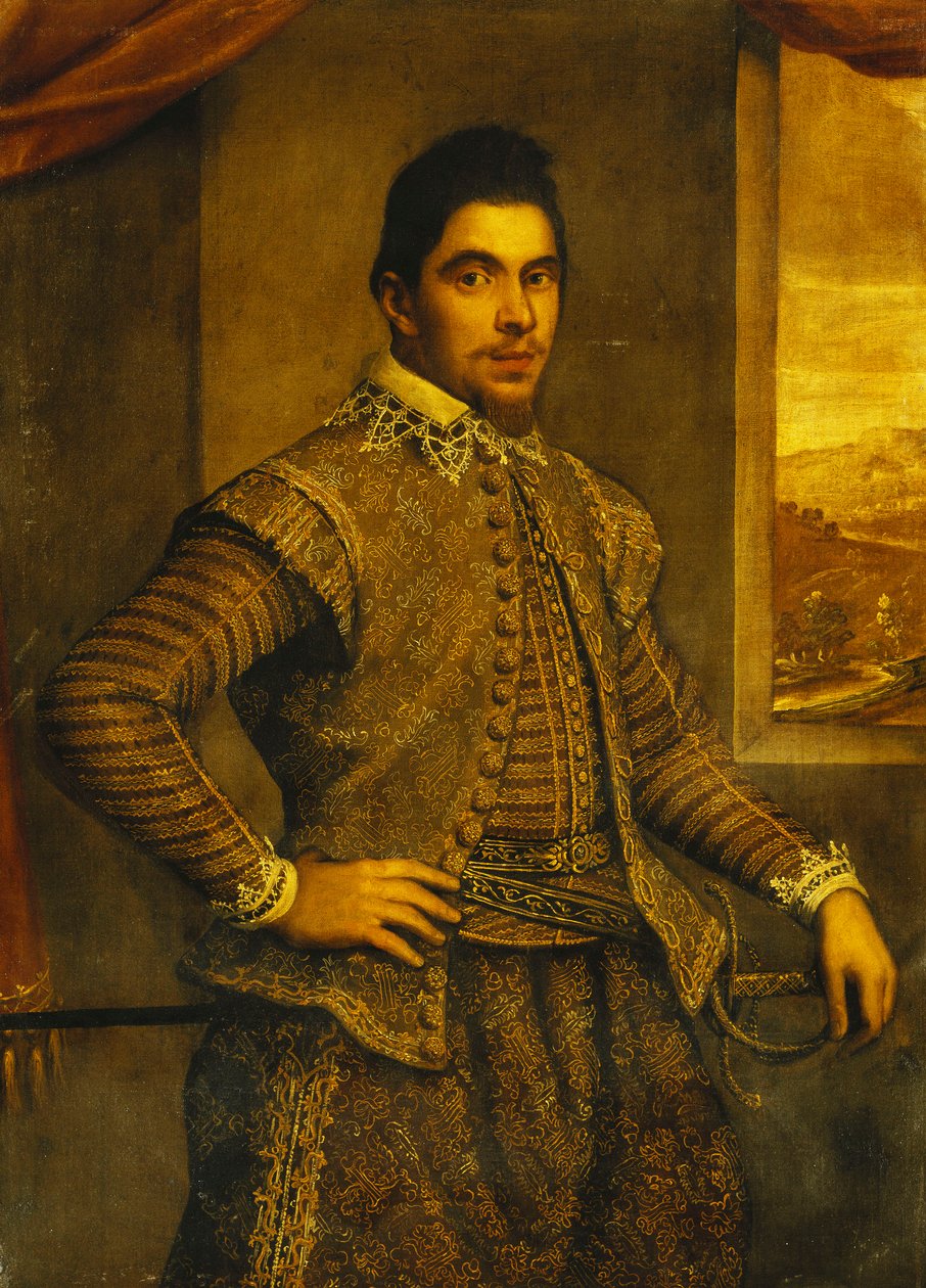 Üç Çeyrek Boyda Duran, Özenle İşlenmiş Bir Kostüm Giyen Bir Beyefendinin Portresi, Pencerenin Önünde, Ötesinde Bir Manzara, by Domenico Robusti Tintoretto