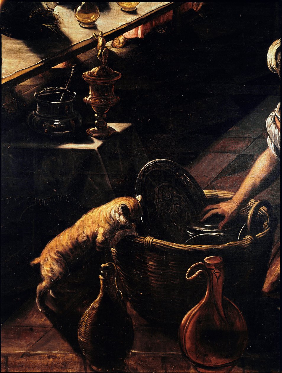 Son akşam yemeği (La cene) Sepet içinde arama yapan bir kedinin detayı. Jacopo Robusti tarafından Tintoret (Tintoretto) (1518-1594) 1592-1594 Güneş olarak adlandırılan tablo. 365x568 cm Venedik, kilise San Giorgio by Domenico Robusti Tintoretto