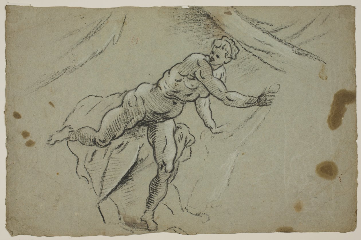 Elinde bir bez parçası olan çıplak kadın aceleyle bir çadırdan çıkıyor. by Domenico Tintoretto