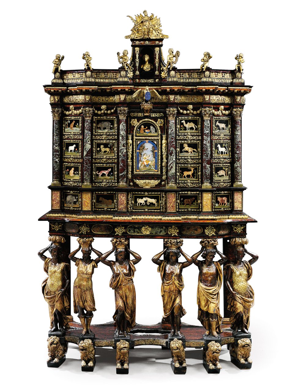 Louis XIV stant üstü dolap (altın bronz, pietra dura, bağa, dişbudak, ebonize ve koli yaldızlı) (ayrıca bkz. 1766356-7) by Domenico and Gobelins workshop (attr. to) Cucci