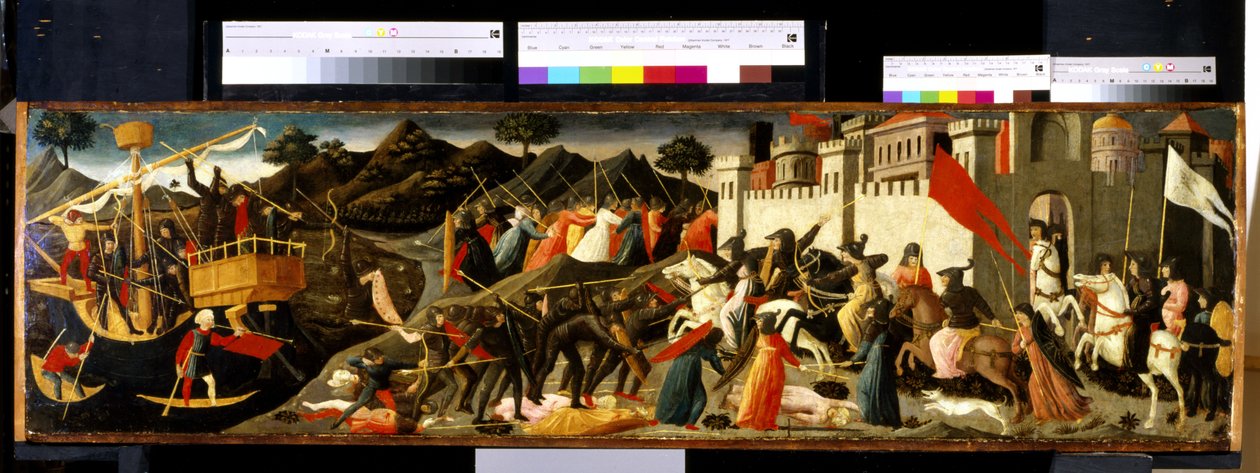 Camilla ve Aeneas Savaşı (ahşap üzerine tempera) by Domenico di Michelino