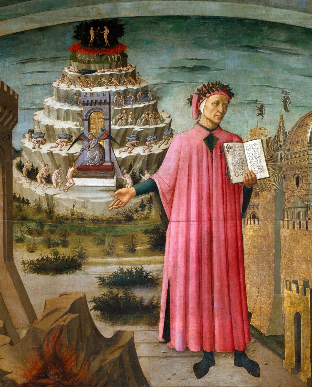 Dante Alighieri İlahi Komedya şiirini tutarken. Yanında, cehennem ve Floransa şehri, arka planda Araf ve Cennet by Domenico di Michelino