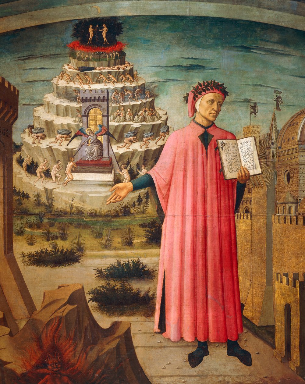 Elinde İlahi Komedya ve arka planda Araf dağlarıyla Dante Alighieri, İlahi Komedya
