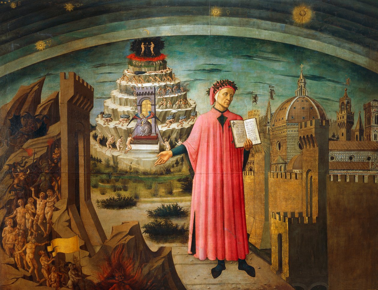 İlahi Komedya, Dante Alighieri (1265-1321), Domenico di Michelino (1417-1491), fresk, Çiçek Aziz Meryem Bazilikası, Floransa, İtalya by Domenico di Michelino
