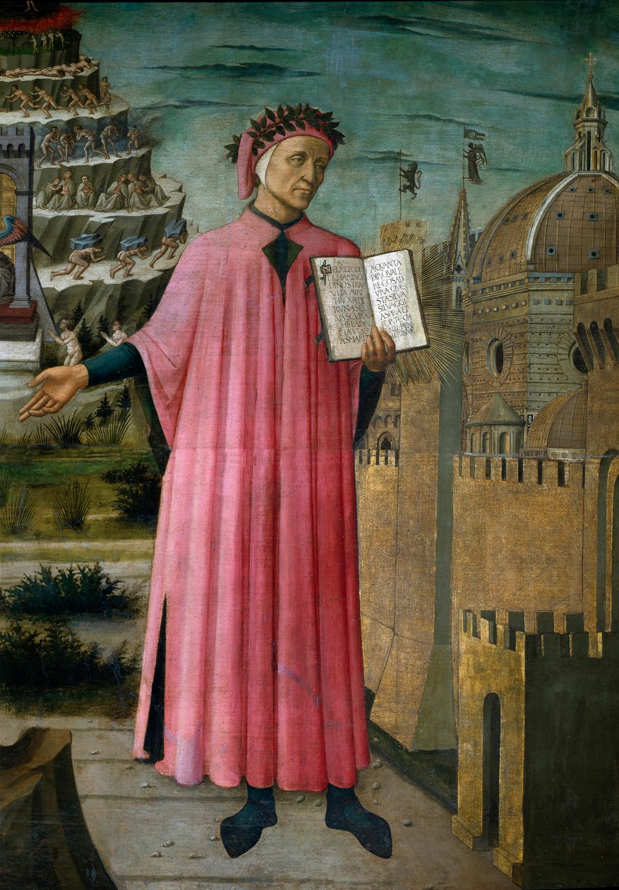 İtalyan şair Dante Alighieri (1265-1321) ilahi komedi ”(İlahi komedi)” adlı eserini sunar. Detay. Fresk Domenico di Michelino (1417-1491), Cathedrale Santa Maria del Fiore, Floransa. (Duomo, Floransa) İtalya by Domenico di Michelino
