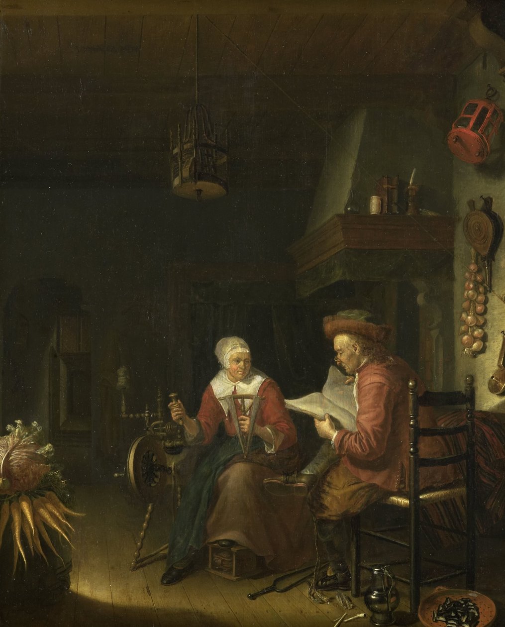 Bir adam okuma ve bir kadın iplik iplik ile iç by Domenicus van Tol