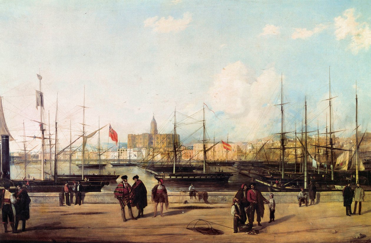 Malaga, İspanya limanının görünümü by Domingo Gallego y Alvarez