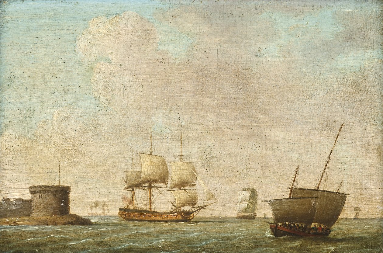 Kalabalık bir römorkörü geçen fırkateyn by Dominic (attributed to) Serres
