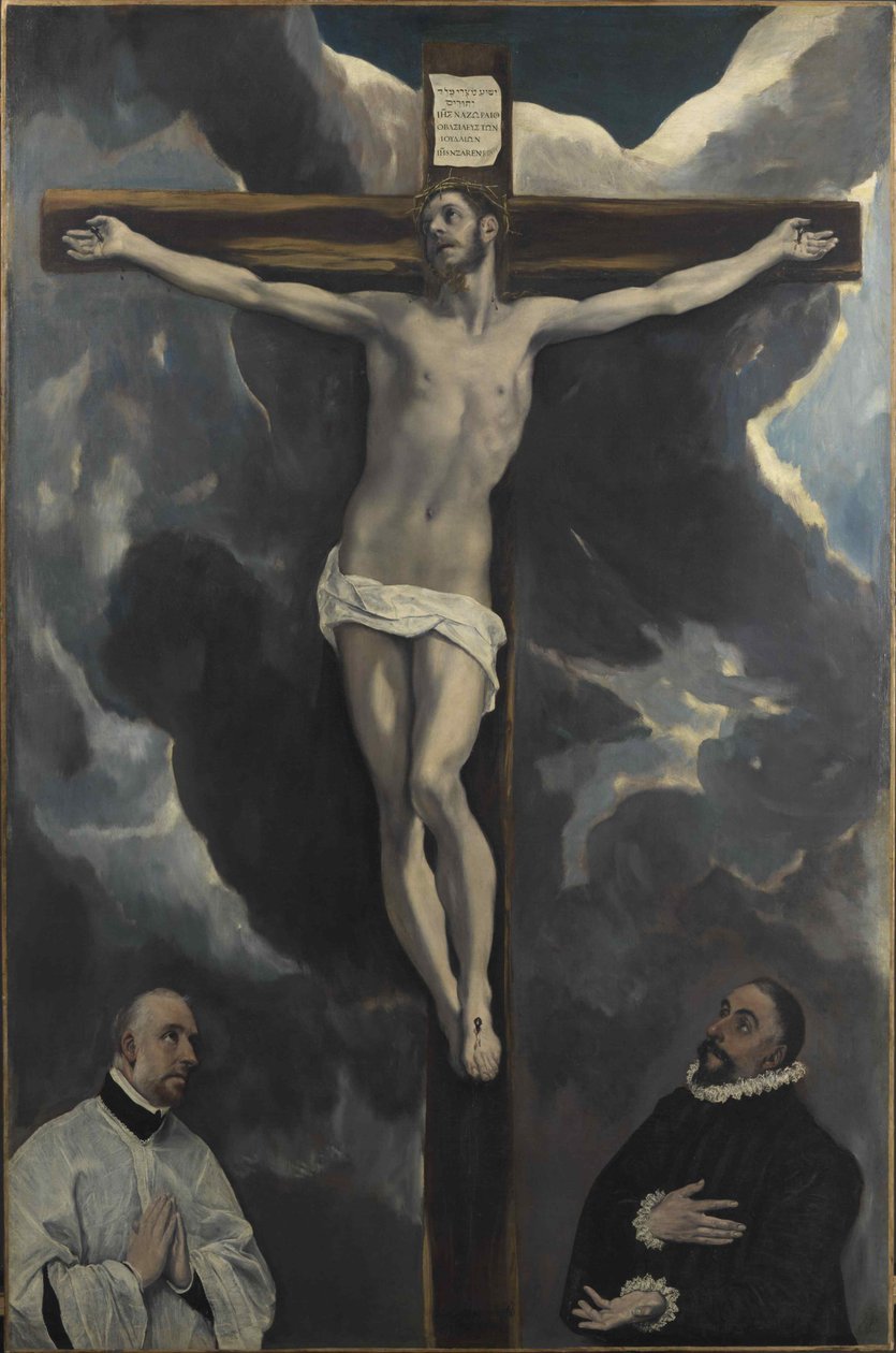 İki Donör tarafından tapılan Çarmıhtaki İsa, 16. yüzyılın sonu.. by Dominico El Greco