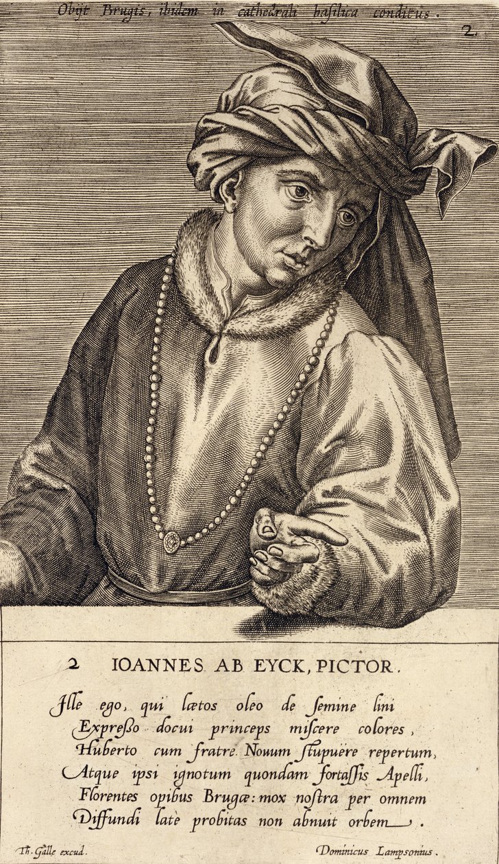 Jan van Eyck'in portresi (c.1390-1441), Theodor Galle (1571-1633) tarafından kazınmış bir dizi sanatçı portrelerinde 2. levha by Dominicus Lampsonius