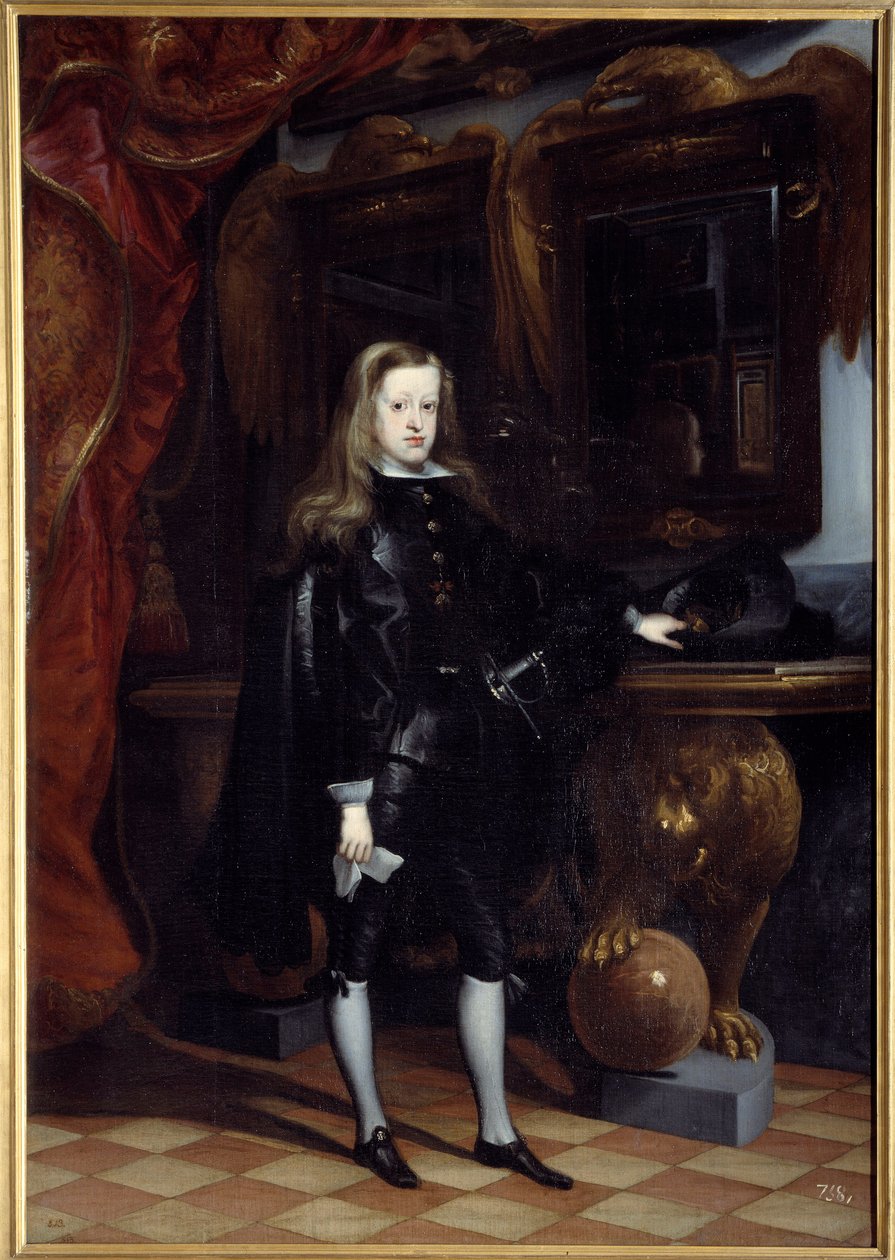 İspanya Kralı II. Charles'ın (1661-1700) ayaklarındaki portre, Juan de Carreno Miranda'nın (1614-1685) tablosu by Don Juan Carreno de Miranda