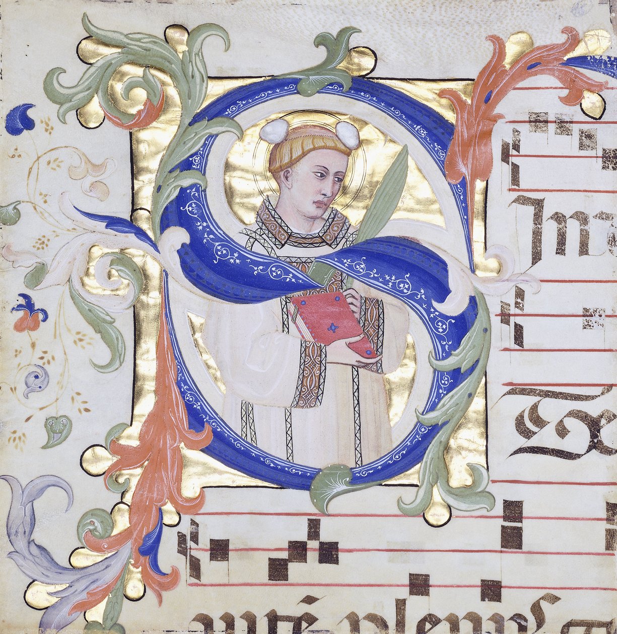 Saint Stephen'ı gösteren, çok büyük tarihlendirilmiş ilk 'S', c.1350-1400 (parşömen üzerinde renkli mürekkepler ve altın varak) by Don Silvestro dei (circle of) Gherarducci