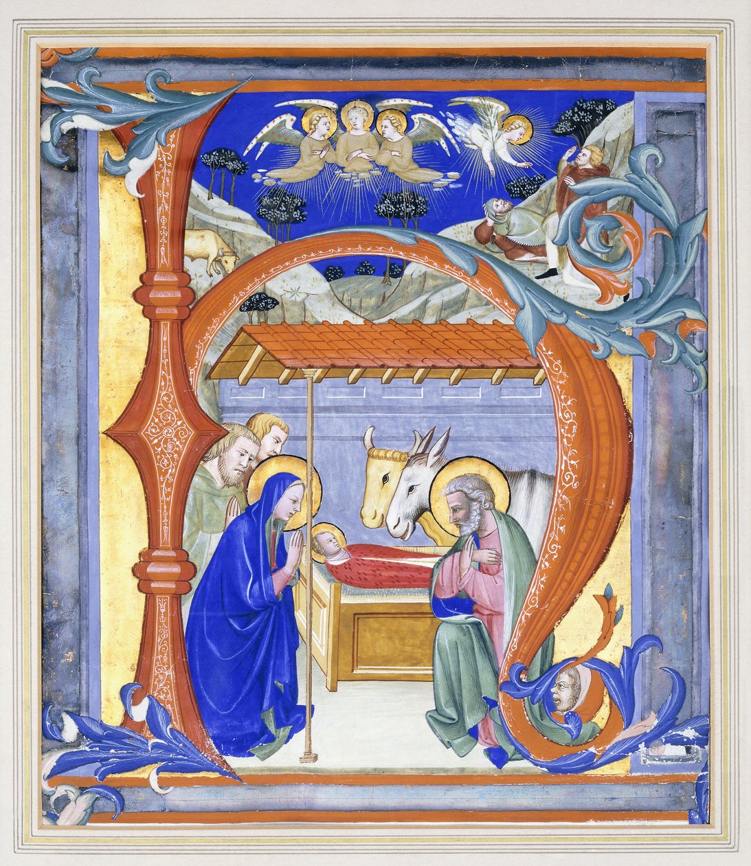 Bir doğum sahnesini betimleyen ışıklı, tarihlendirilmiş ilk "N", 1410 by Don Simone Camaldolese