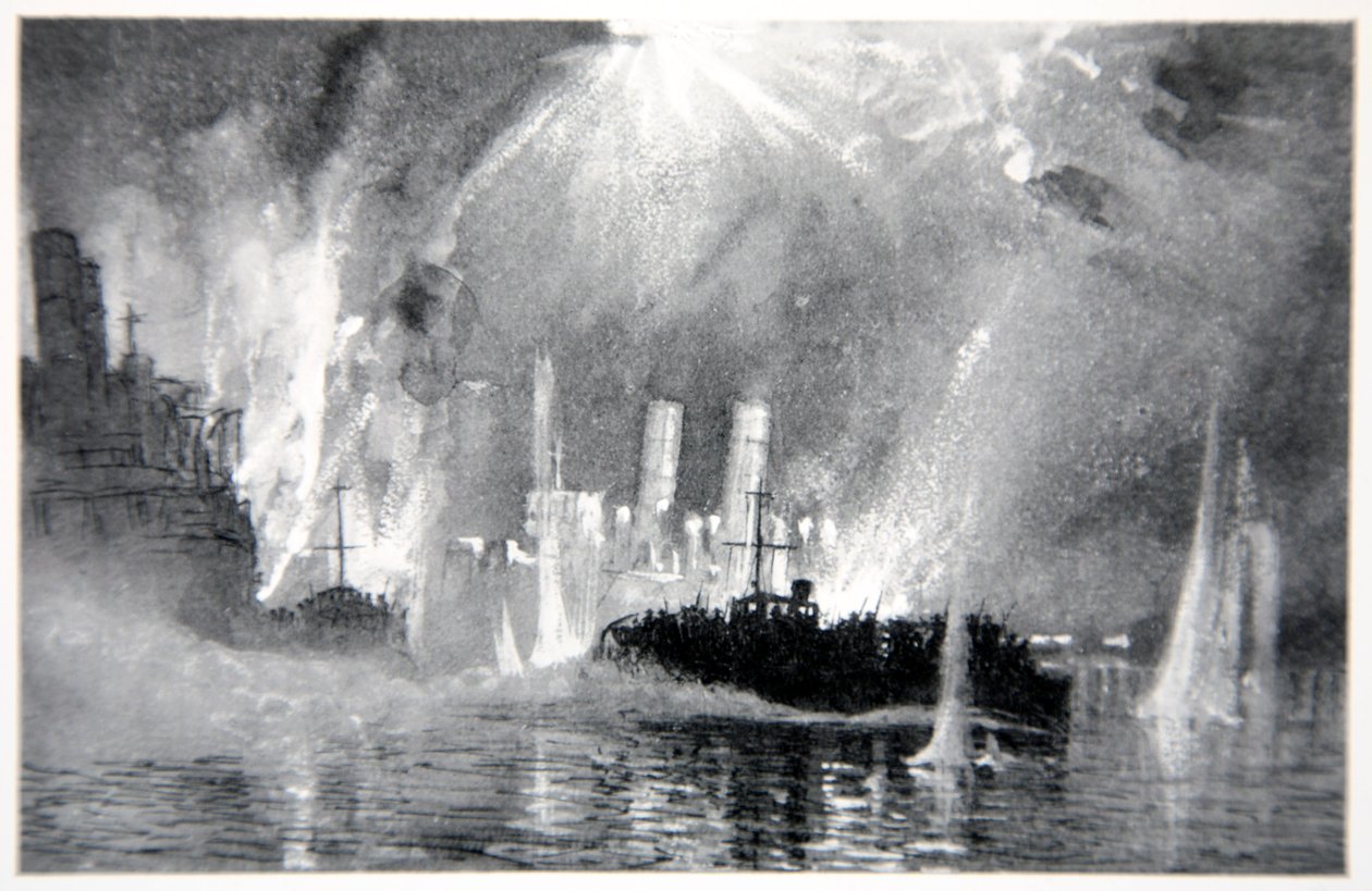 Motor, Zeebrugge'deki Blok Gemilerinin kurtarma ekiplerini fırlattı, Gordon S. Maxwell'in 'Deniz Cephesi'nden bir çizim, 1920 by Donald Maxwell