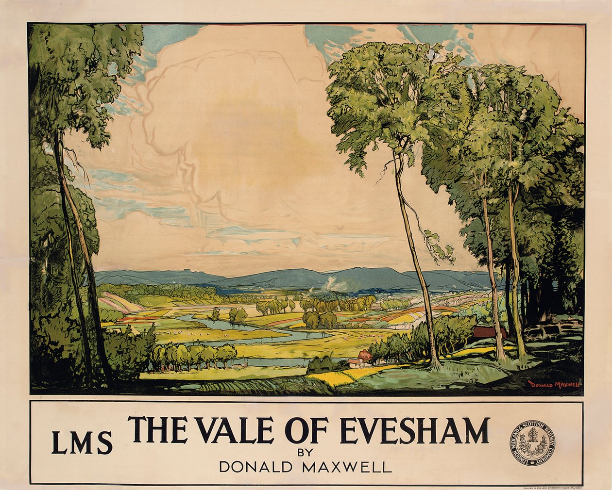Evesham Vadisi, Londra, Midland ve İskoç Demiryolu reklam afişi (renkli taş) by Donald Maxwell