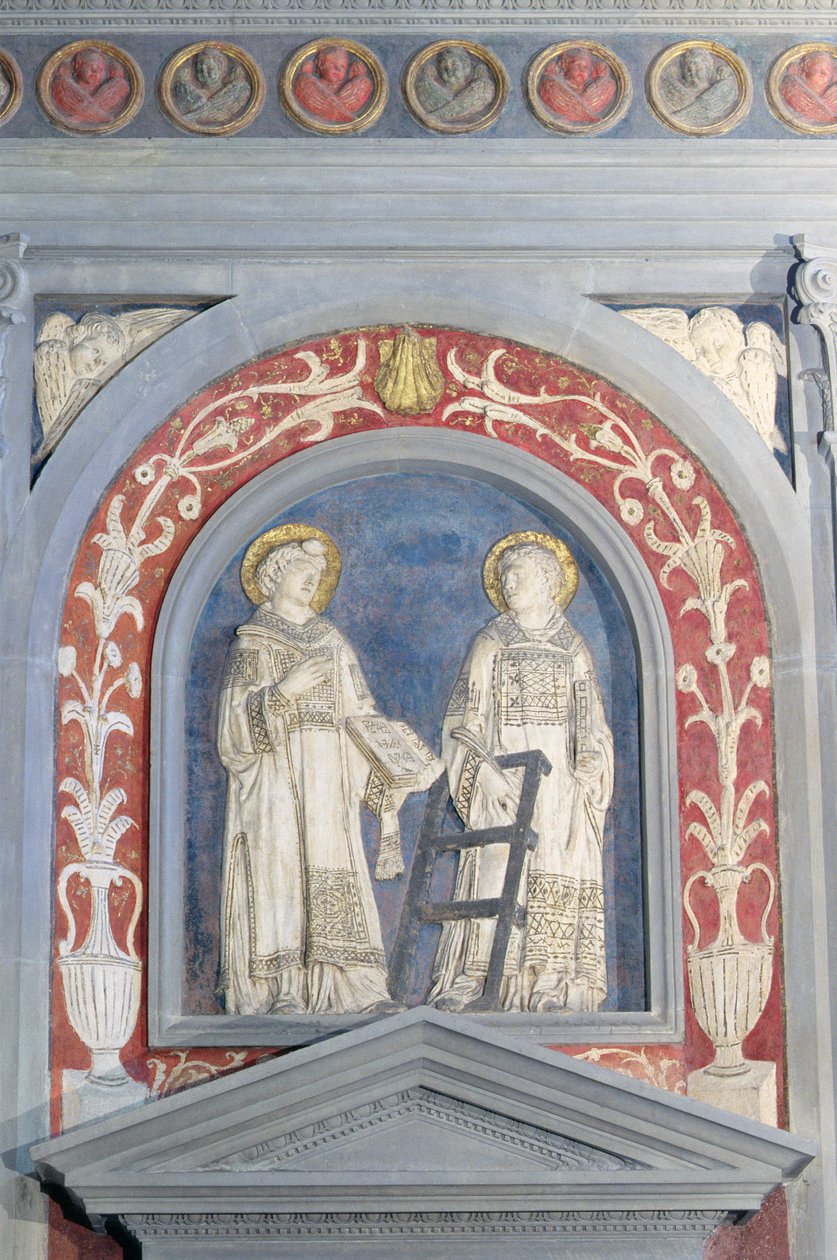 Aziz Lawrence ve Aziz Stephen, kuzey kapısının üzerindeki alçak kabartma heykel, yaklaşık 1440 (pişmiş toprak) by Donatello