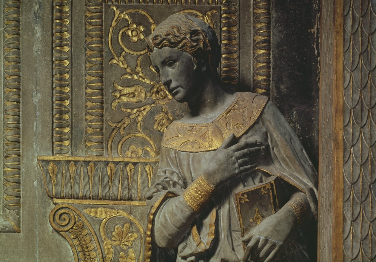 Cavalcanti Müjdesi: Donatello 1386-1466 c.1435 yaldızlı kireçtaşı tarafından Bakire ayrıntısı by Donatello