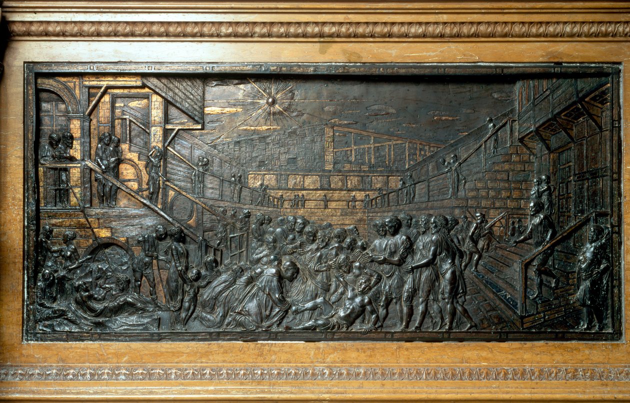Aziz Anthony Mucizesi, ayağın yeniden takılması, ana sunaktan panel (bronz kabartma by Donatello