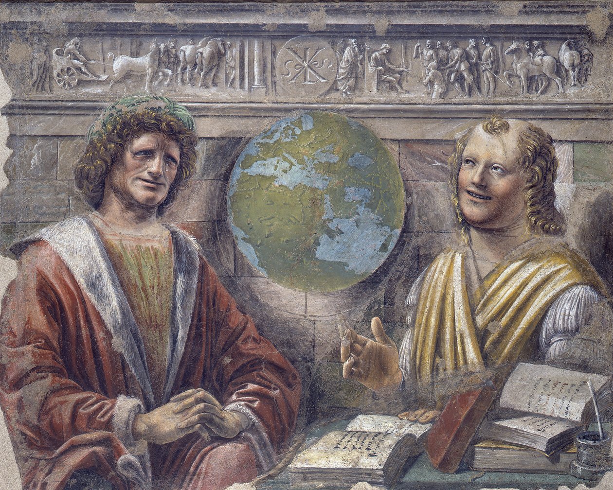 Herakleitos ve Demokritos, c.1486 (tuval üzerinde taşınan müstakil fresk) by Donato Bramante